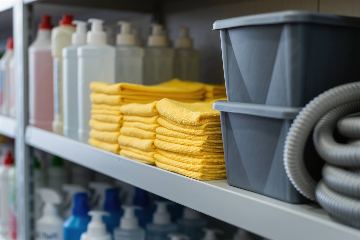 Shelf of folded yellow cloths, spray bottles and gray bins in a supply room