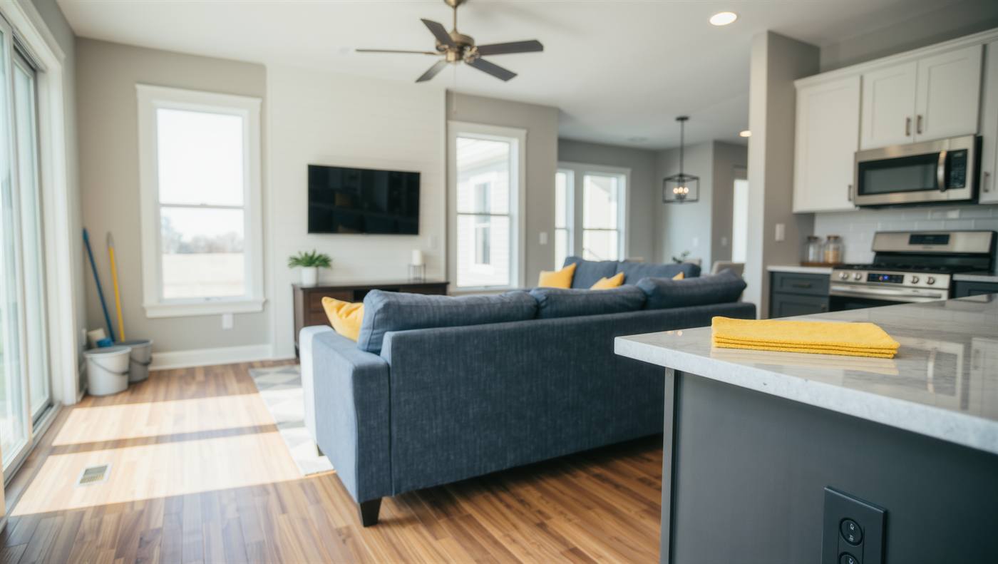 Bright living room and open kitchen after a cleaning visit, with a folded yellow cloth on the counter